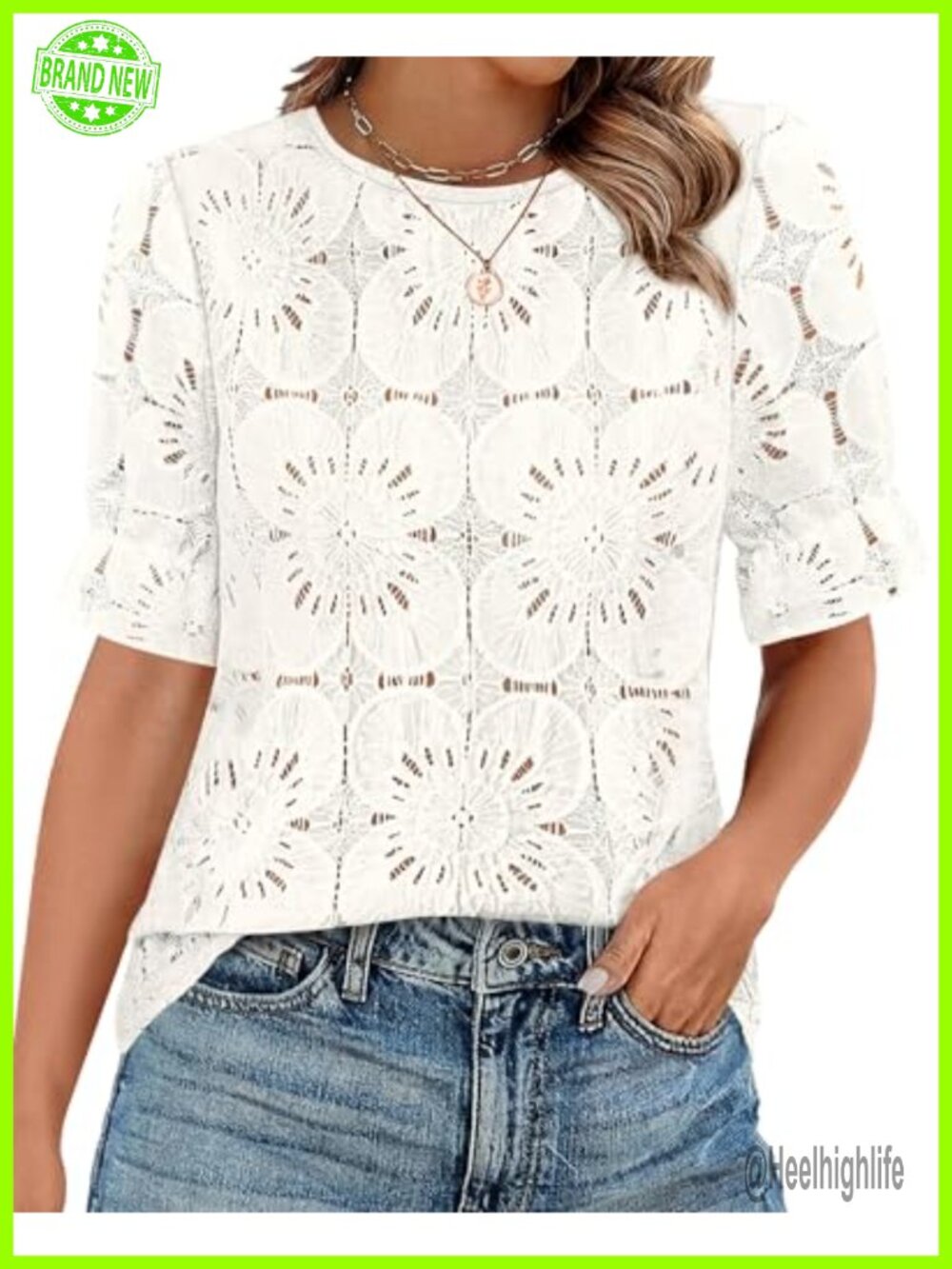 Lace Eyelet Blouse Puff Sleeve Dressy Casual Women's Top